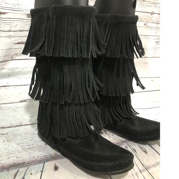 Minnetonka 3-Layer Black Fringe Boot 12" tall cowgirl western size 7 - Picture 12 of 13